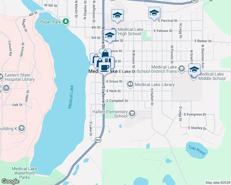 map of restaurants, bars, coffee shops, grocery stores, and more near 303 South Broad Street in Medical Lake