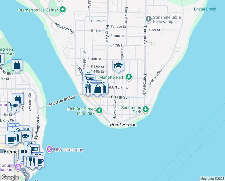 map of restaurants, bars, coffee shops, grocery stores, and more near 1117 Hayward Avenue in Bremerton