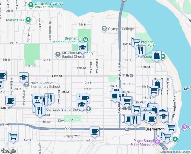 map of restaurants, bars, coffee shops, grocery stores, and more near 1223 11th Street in Bremerton