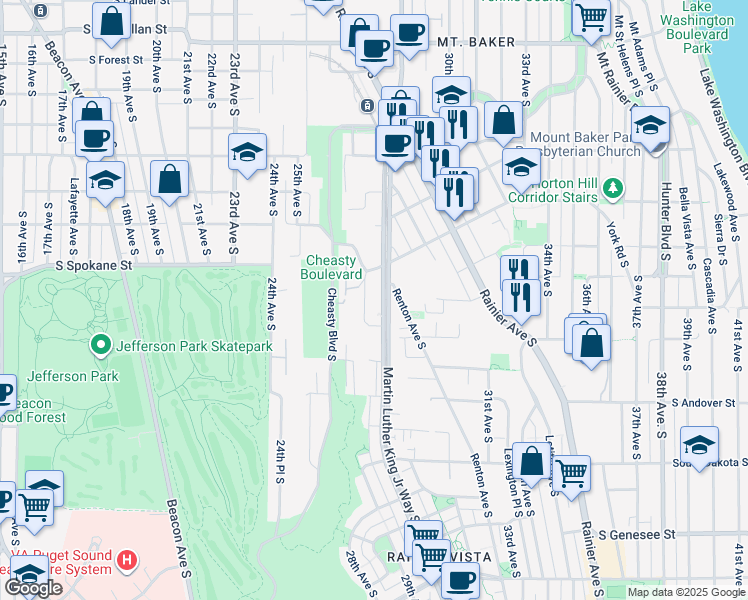 map of restaurants, bars, coffee shops, grocery stores, and more near 3639 Martin Luther King Junior Way South in Seattle