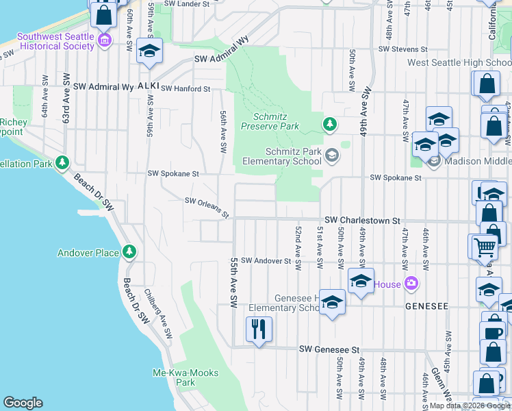 map of restaurants, bars, coffee shops, grocery stores, and more near 5329 Southwest Orleans Street in Seattle