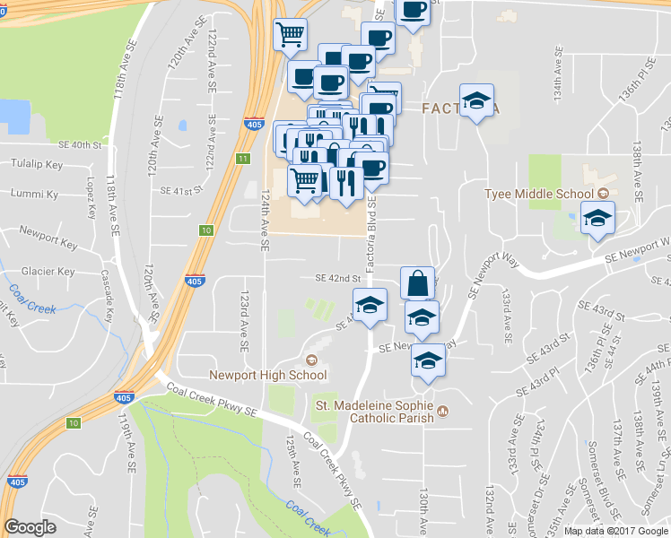 map of restaurants, bars, coffee shops, grocery stores, and more near 12646 Southeast 42nd Street in Bellevue
