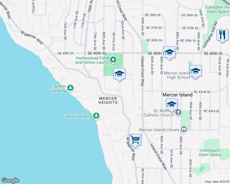 map of restaurants, bars, coffee shops, grocery stores, and more near 4224 West Mercer Way in Mercer Island