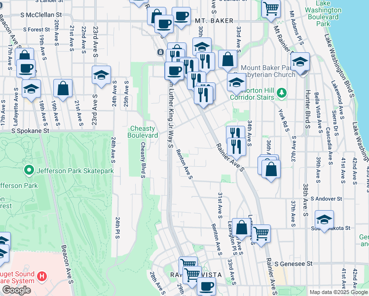 map of restaurants, bars, coffee shops, grocery stores, and more near 2900 South Court Street in Seattle