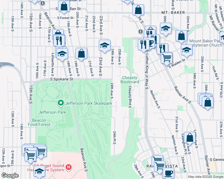 map of restaurants, bars, coffee shops, grocery stores, and more near 3652 24th Avenue South in Seattle