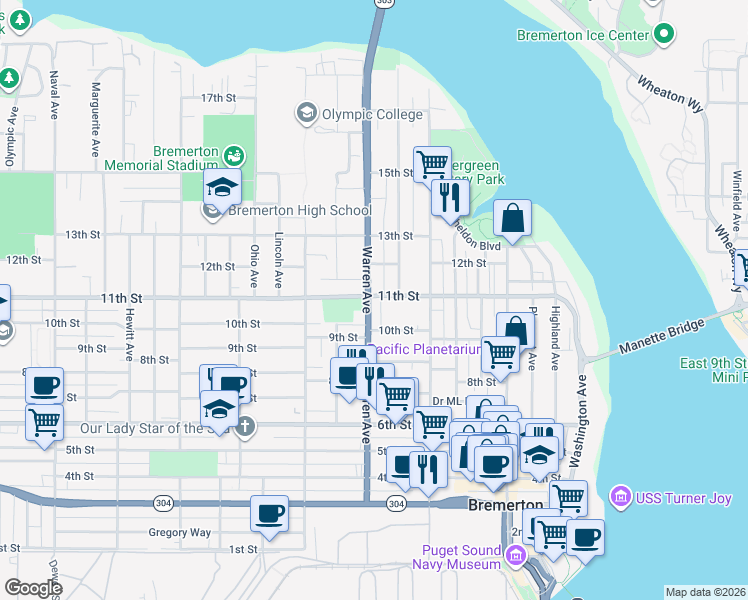 map of restaurants, bars, coffee shops, grocery stores, and more near 929 11th Street in Bremerton