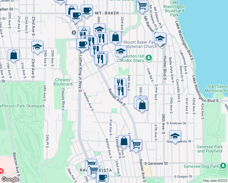 map of restaurants, bars, coffee shops, grocery stores, and more near 3621 Rainier Avenue South in Seattle