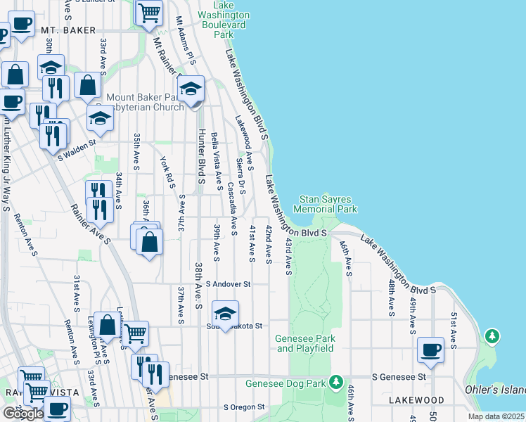map of restaurants, bars, coffee shops, grocery stores, and more near 3614 Lakewood Avenue South in Seattle
