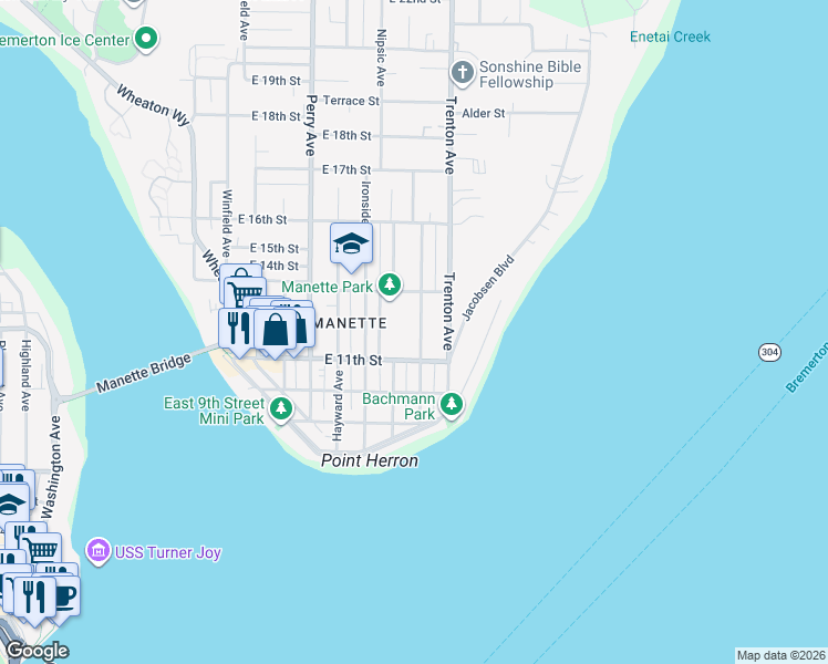 map of restaurants, bars, coffee shops, grocery stores, and more near 1121 Vandalia Avenue in Bremerton