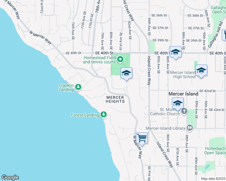 map of restaurants, bars, coffee shops, grocery stores, and more near 4204 West Mercer Way in Mercer Island