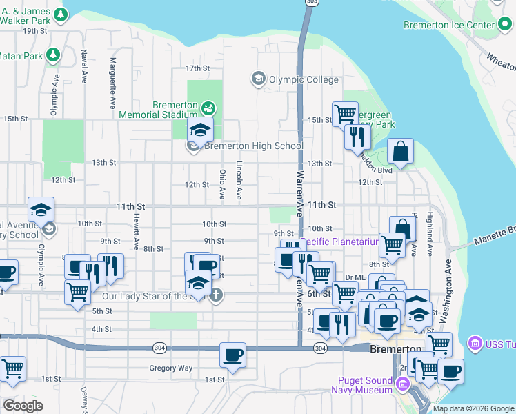 map of restaurants, bars, coffee shops, grocery stores, and more near 11th Street in Bremerton