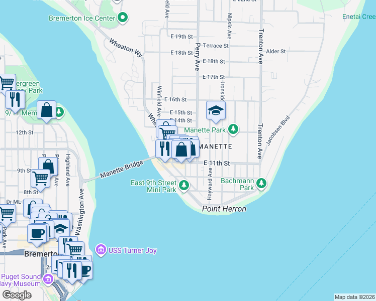 map of restaurants, bars, coffee shops, grocery stores, and more near 1118 Scott Avenue in Bremerton