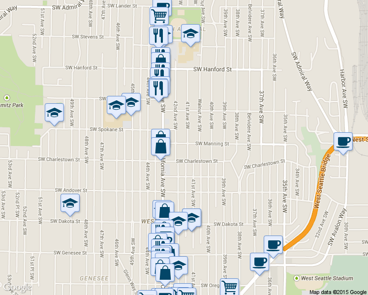 map of restaurants, bars, coffee shops, grocery stores, and more near 3707 41st Ave SW in Seattle