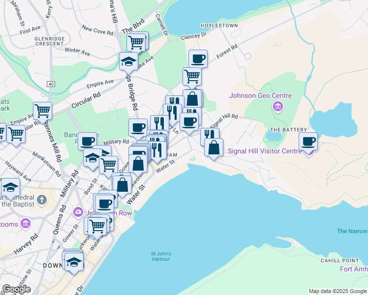 map of restaurants, bars, coffee shops, grocery stores, and more near 2 Water Street in St. John's