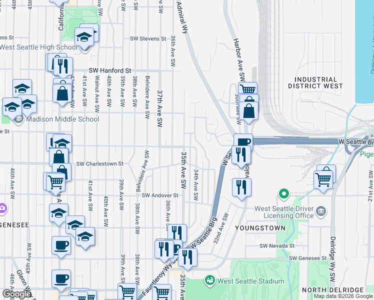 map of restaurants, bars, coffee shops, grocery stores, and more near 3702 35th Avenue Southwest in Seattle