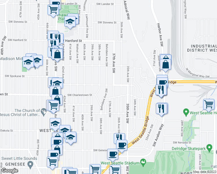 map of restaurants, bars, coffee shops, grocery stores, and more near 3704 Belvidere Avenue Southwest in Seattle