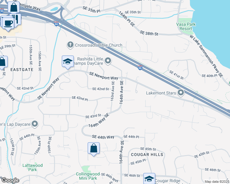 map of restaurants, bars, coffee shops, grocery stores, and more near 4210 163rd Avenue Southeast in Bellevue