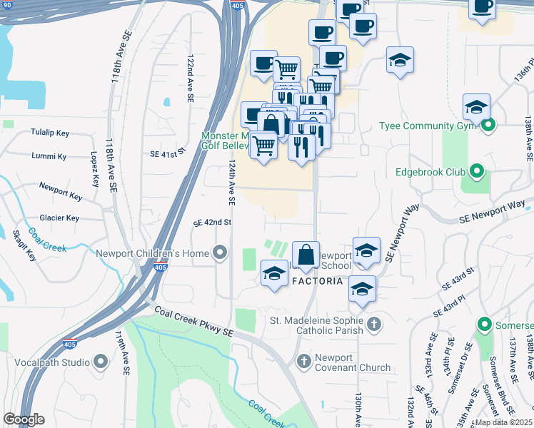 map of restaurants, bars, coffee shops, grocery stores, and more near 12606 Southeast 42nd Street in Bellevue