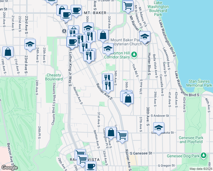 map of restaurants, bars, coffee shops, grocery stores, and more near 3621 Rainier Avenue South in Seattle