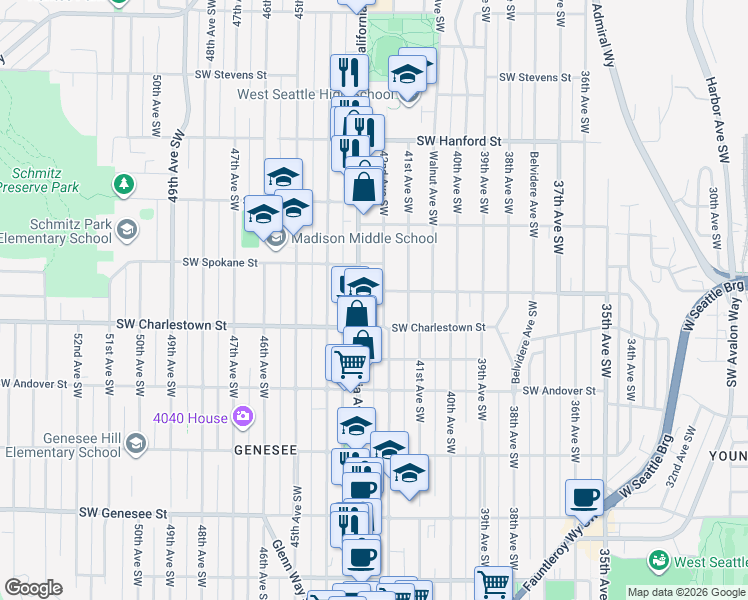 map of restaurants, bars, coffee shops, grocery stores, and more near 3700 California Avenue Southwest in Seattle