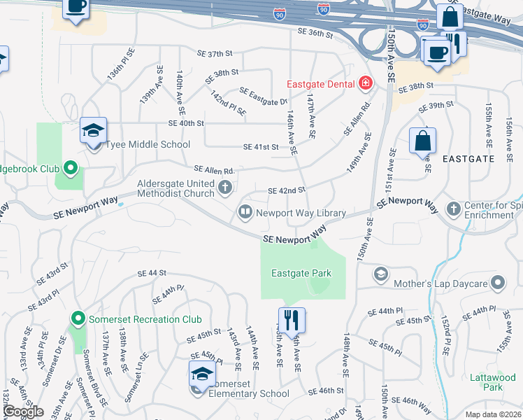 map of restaurants, bars, coffee shops, grocery stores, and more near 4207 144th Lane Southeast in Bellevue