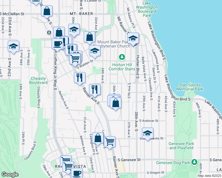 map of restaurants, bars, coffee shops, grocery stores, and more near 3618 35th Avenue South in Seattle