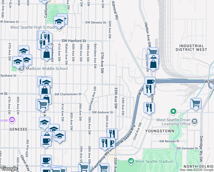 map of restaurants, bars, coffee shops, grocery stores, and more near 3607 Southwest Manning Street in Seattle