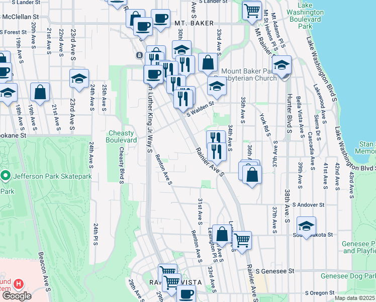 map of restaurants, bars, coffee shops, grocery stores, and more near 3024 South Court Street in Seattle