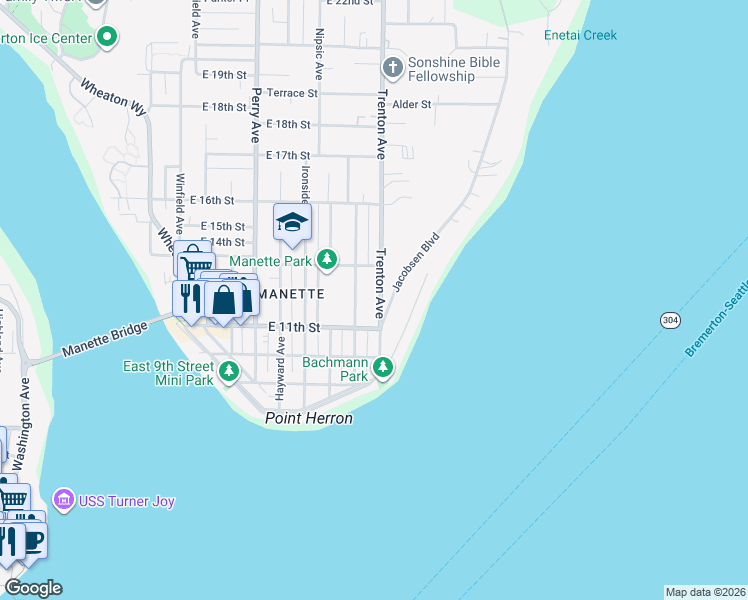 map of restaurants, bars, coffee shops, grocery stores, and more near 1123 Trenton Avenue in Bremerton
