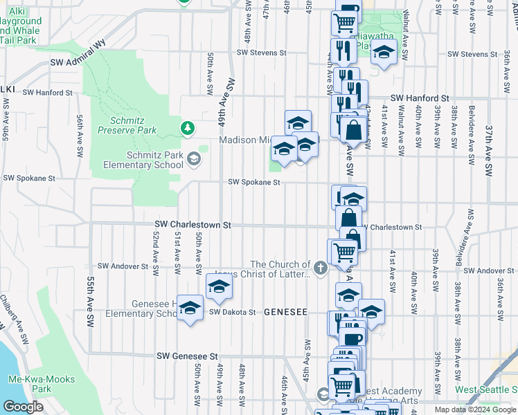 map of restaurants, bars, coffee shops, grocery stores, and more near 3635 47th Avenue Southwest in Seattle