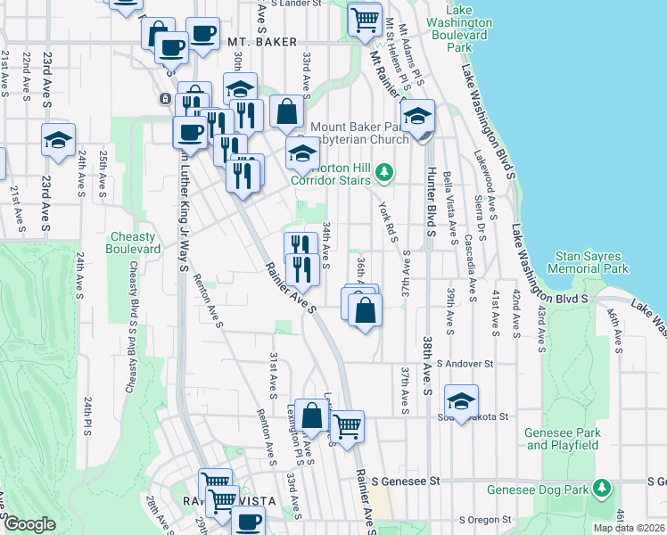 map of restaurants, bars, coffee shops, grocery stores, and more near 3618 35th Avenue South in Seattle