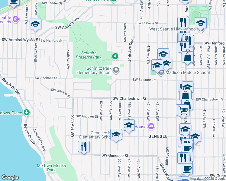 map of restaurants, bars, coffee shops, grocery stores, and more near 3636 51st Avenue Southwest in Seattle