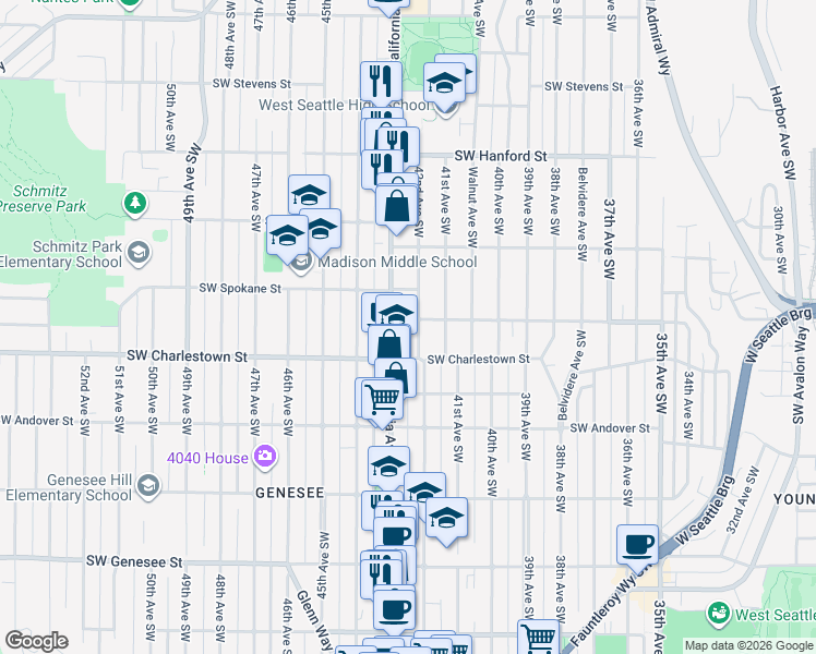 map of restaurants, bars, coffee shops, grocery stores, and more near 3700 California Avenue Southwest in Seattle