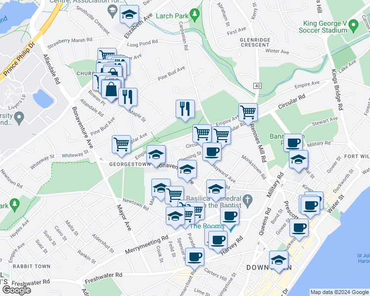 map of restaurants, bars, coffee shops, grocery stores, and more near 127 Circular Road in St. John's
