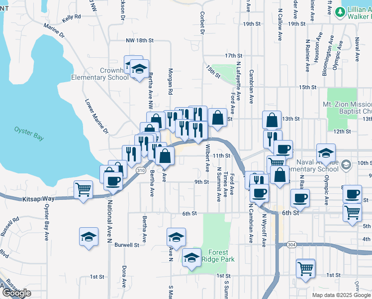 map of restaurants, bars, coffee shops, grocery stores, and more near 3333 Kitsap Way in Bremerton