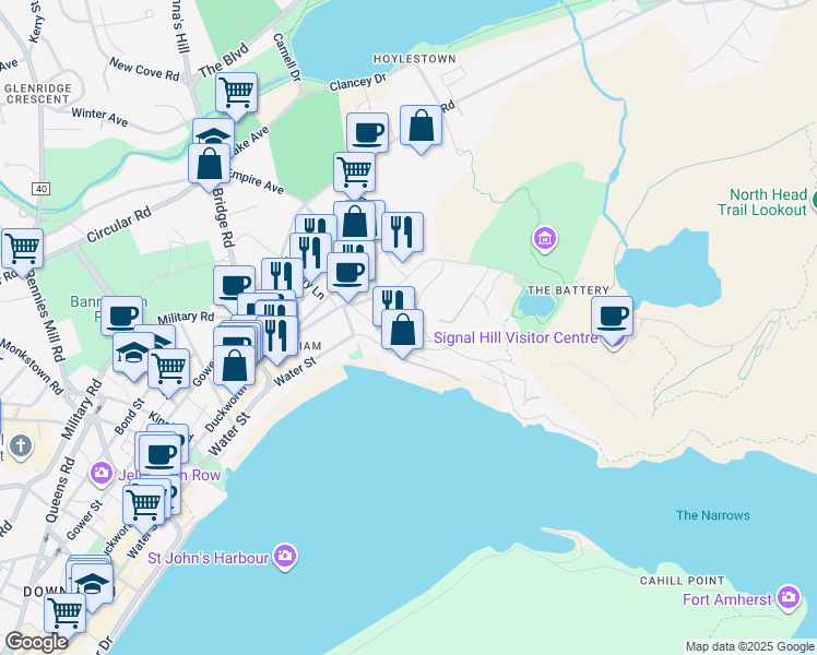 map of restaurants, bars, coffee shops, grocery stores, and more near 34 Battery Road in St. John's