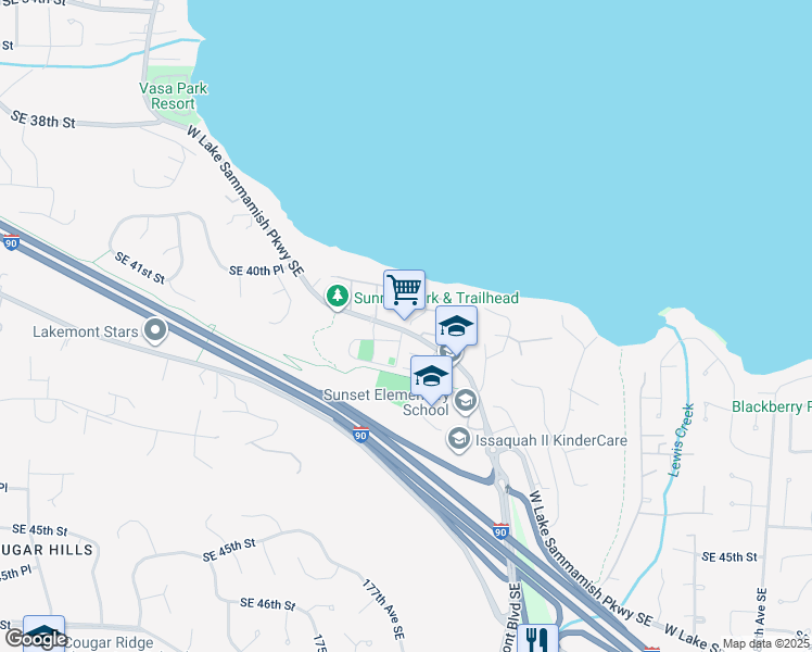map of restaurants, bars, coffee shops, grocery stores, and more near 4122 West Lake Sammamish Parkway Southeast in Bellevue