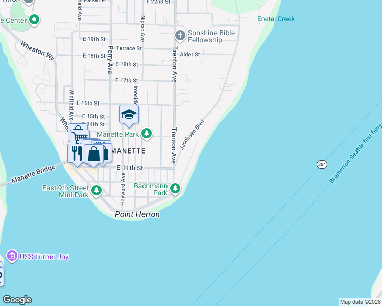 map of restaurants, bars, coffee shops, grocery stores, and more near 1124 Shore Drive in Bremerton