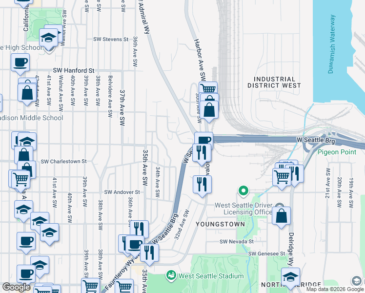 map of restaurants, bars, coffee shops, grocery stores, and more near 3051 Southwest Manning Street in Seattle