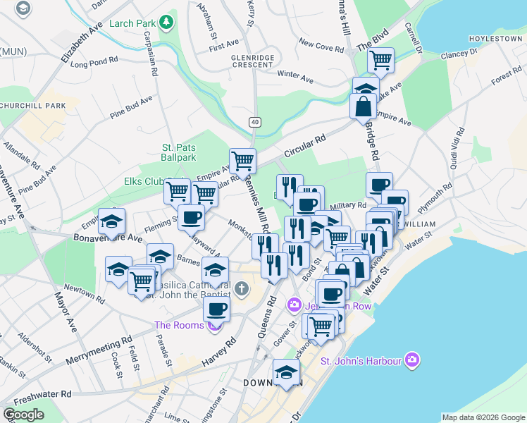 map of restaurants, bars, coffee shops, grocery stores, and more near 46 Rennies Mill Road in St. John's