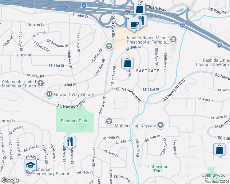 map of restaurants, bars, coffee shops, grocery stores, and more near 15007 Southeast Newport Way in Bellevue