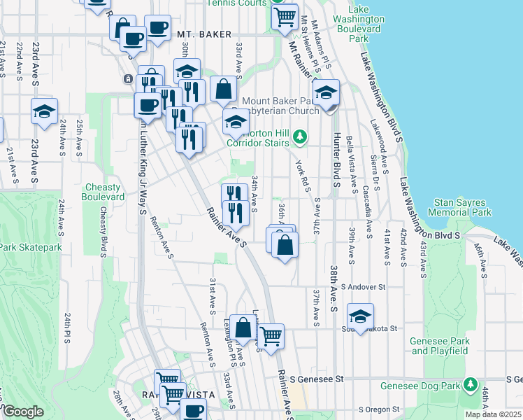 map of restaurants, bars, coffee shops, grocery stores, and more near 3618 35th Avenue South in Seattle