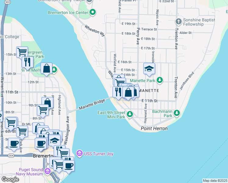 map of restaurants, bars, coffee shops, grocery stores, and more near 1115 Wheaton Way in Bremerton