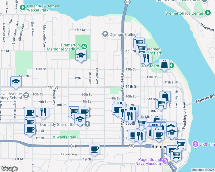 map of restaurants, bars, coffee shops, grocery stores, and more near 1116a 11th Street in Bremerton
