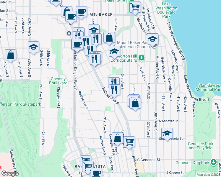 map of restaurants, bars, coffee shops, grocery stores, and more near 3621 33rd Avenue South in Seattle