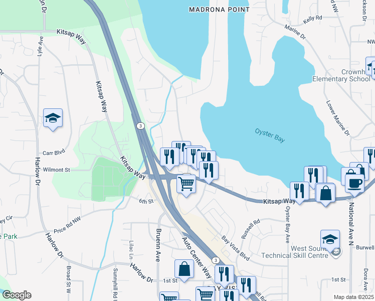 map of restaurants, bars, coffee shops, grocery stores, and more near 1100 Shorewood Drive in Bremerton