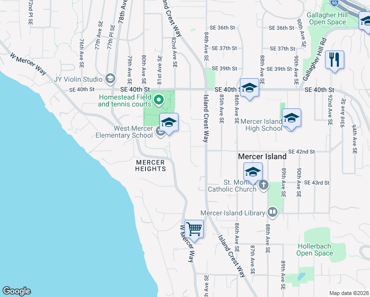 map of restaurants, bars, coffee shops, grocery stores, and more near 4201 83rd Avenue Southeast in Mercer Island
