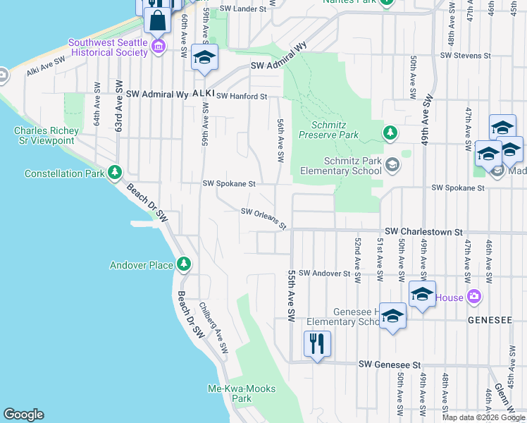 map of restaurants, bars, coffee shops, grocery stores, and more near 5614 Southwest Orleans Street in Seattle