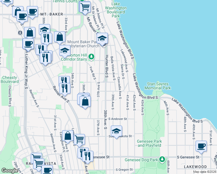 map of restaurants, bars, coffee shops, grocery stores, and more near 3616 38th Avenue South in Seattle