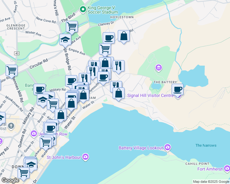 map of restaurants, bars, coffee shops, grocery stores, and more near 26 Battery Road in St. John's